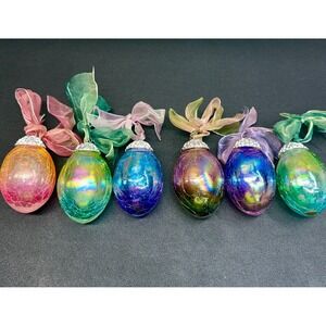 Vintage Spring Easter Crackle Glass Heavy Ornaments- Set of 6 Kugel Style Eggs